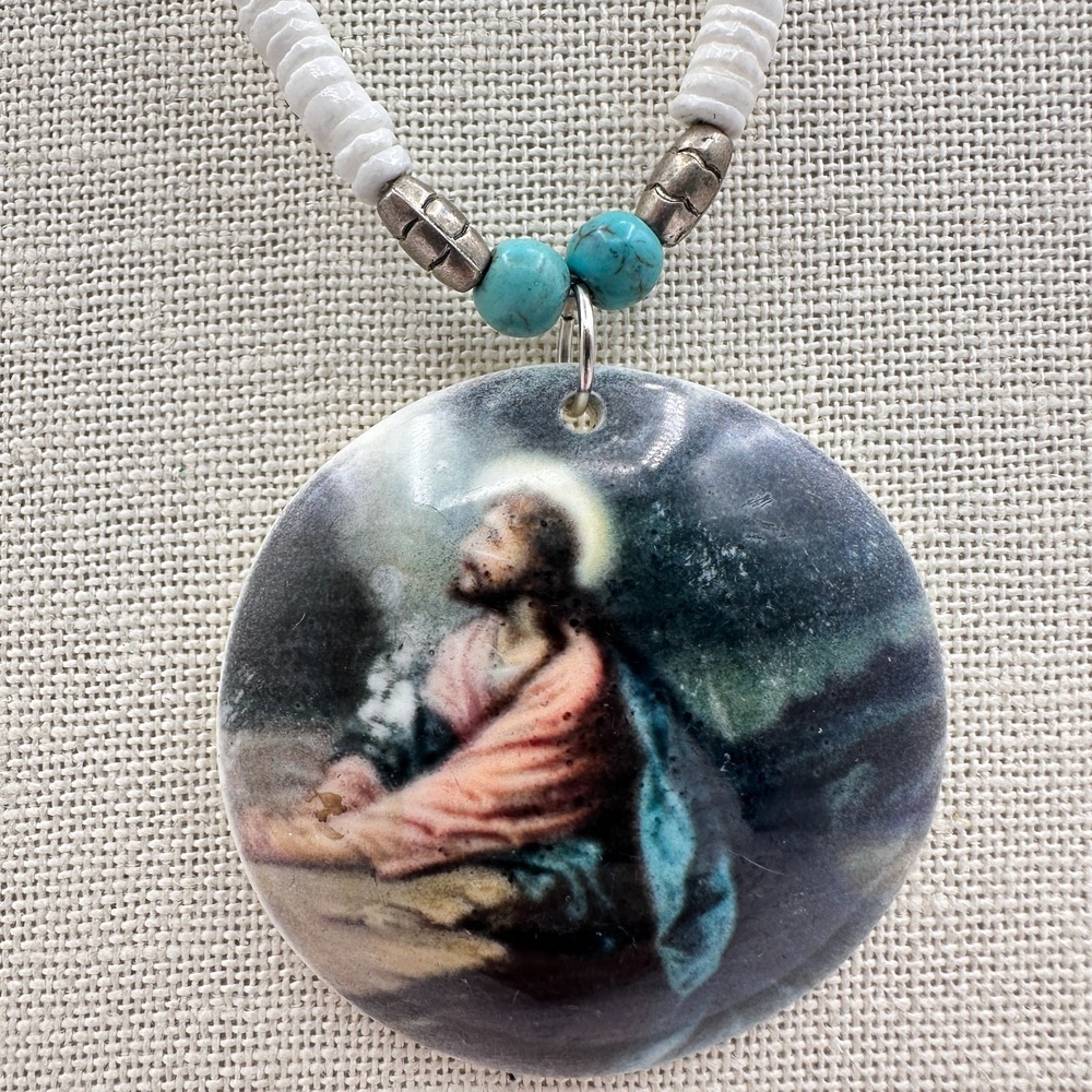 Vintage 90s Turquoise Cross Beaded Religious Jesus Portrait Pendant Necklace 90s